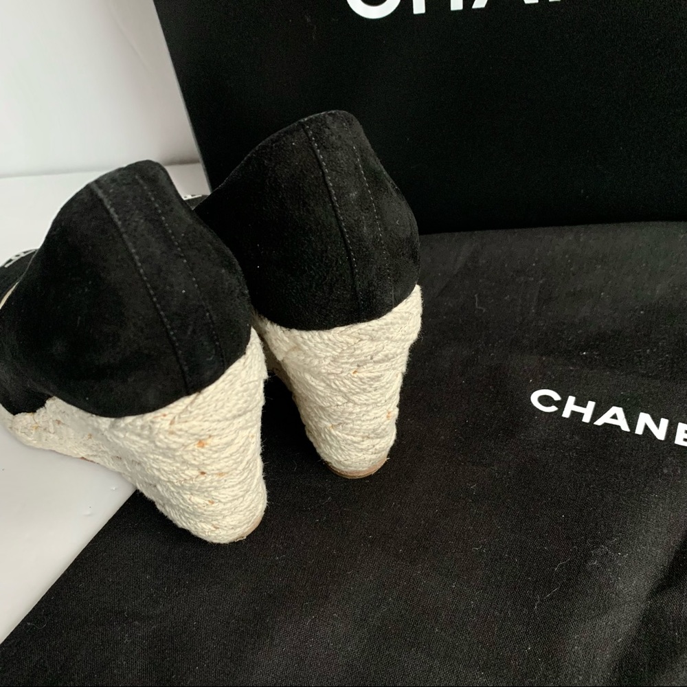💎✨Gorgeous✨💎 Chanel Black Suede Leather Cap Toe Espadrille Wedges Authentic! - Picture 7 of 9